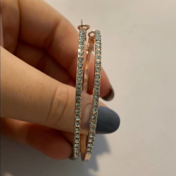 Fashion Rhinestone Medium Gold Hoop Earrings - Picture 4 of 10